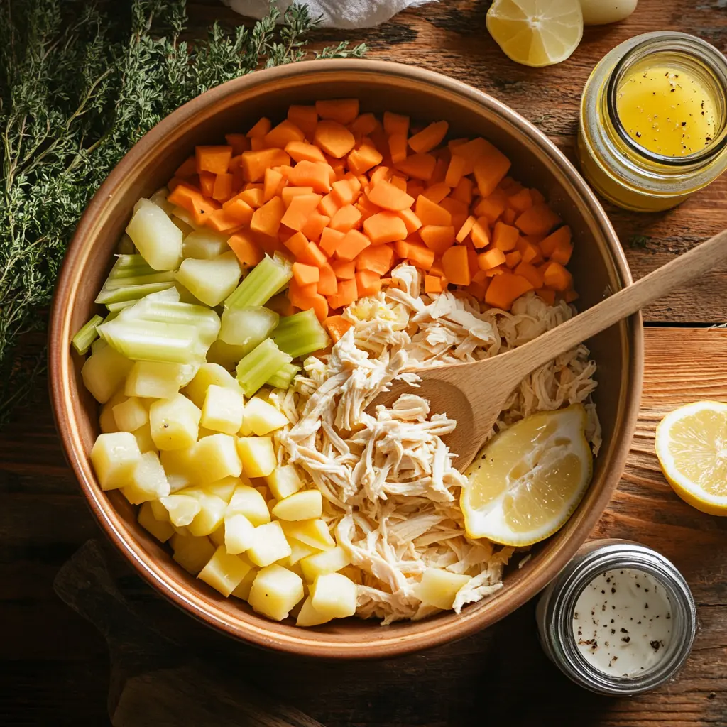 Ciotola di terracotta contenente ingredienti freschi: carote, patate, sedano tagliati a cubetti e pollo sfilacciato, conditi con limone e accompagnati da un barattolo di dressing e rametti di erbe aromatiche.