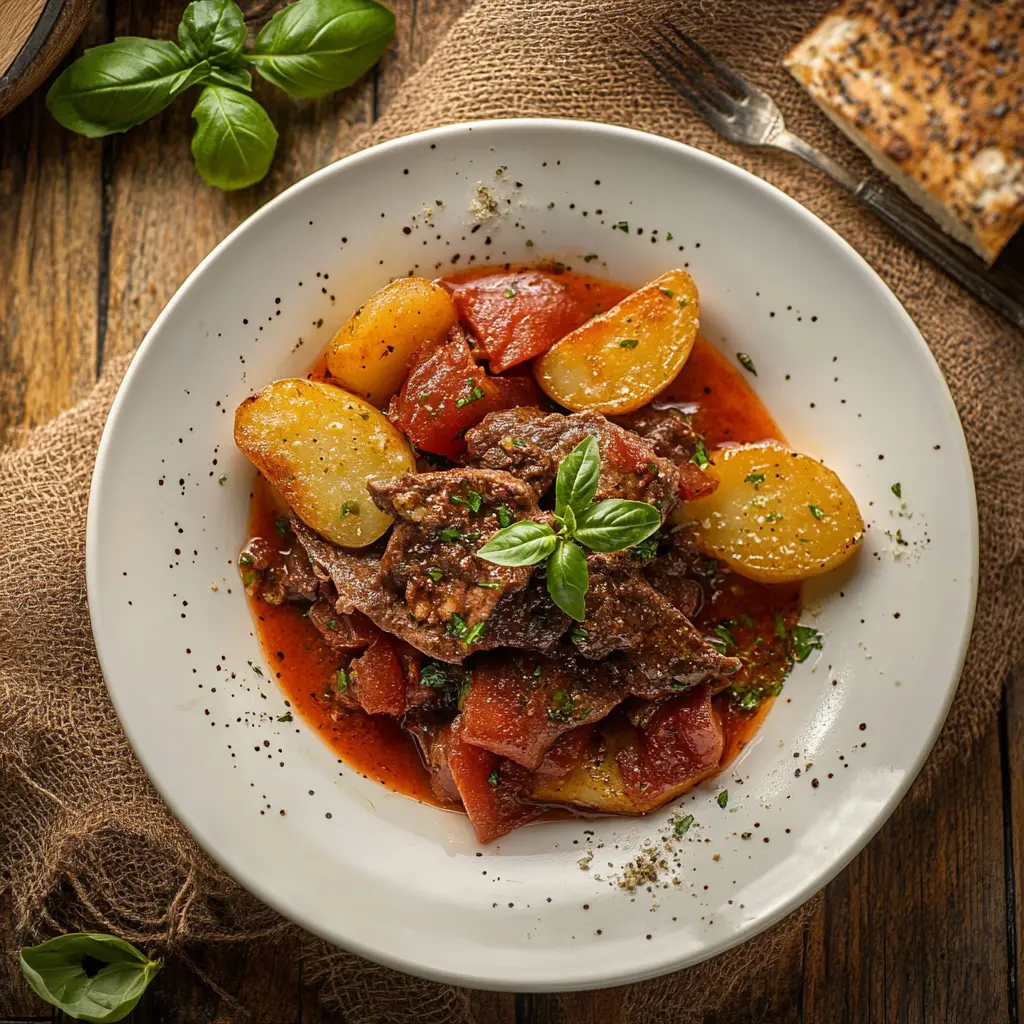 Carne alla pizzaiola servita con patate arrosto e sugo di pomodoro, guarnita con foglie di basilico fresco.