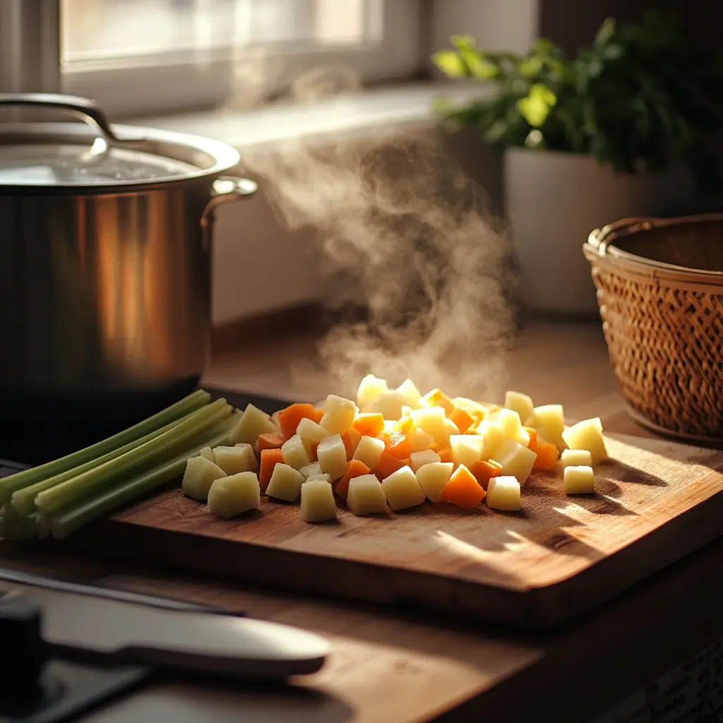 Verdure appena tagliate, tra cui carote e patate a cubetti, su un tagliere di legno con il vapore che si solleva, accanto a una pentola e a sedano fresco in una cucina luminosa.