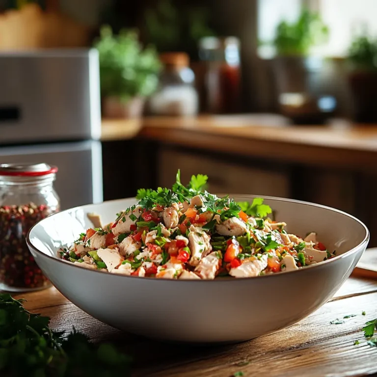 Insalata di pollo servita in una ciotola bianca, condita con prezzemolo fresco, pomodori e verdure colorate, disposta su un tavolo rustico in una cucina luminosa.