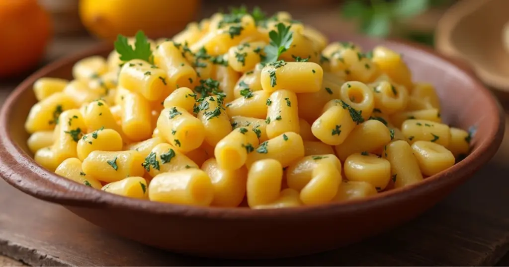 Piatto di pasta cremosa con patate e provola, decorata con prezzemolo fresco e servita in una ciotola rustica di terracotta.