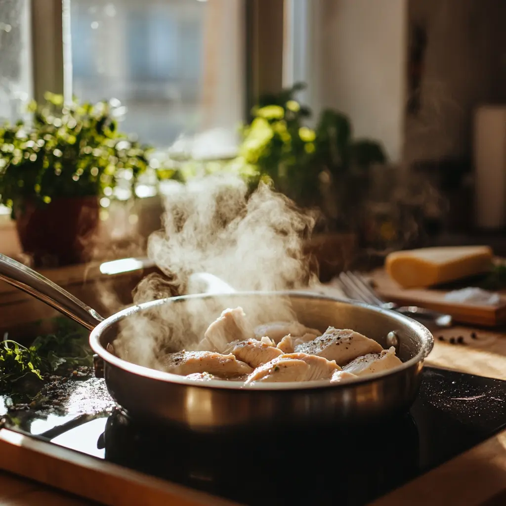 Petto di pollo che cuoce in una padella d’acciaio inox, rilasciando vapore, con luce naturale che illumina una cucina rustica decorata con erbe fresche sullo sfondo.