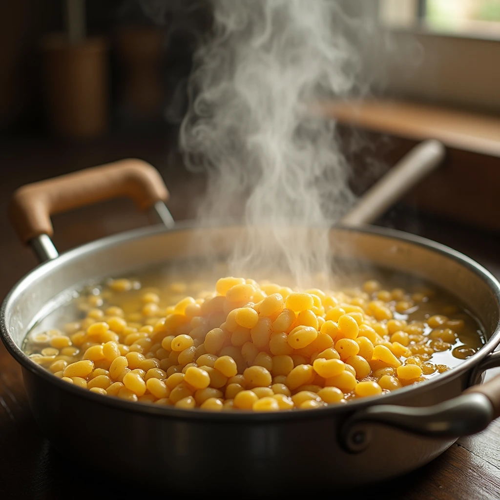 Cottura della pasta per la ricetta di pasta con patate e provola, in una pentola di acqua bollente con un mestolo di legno.