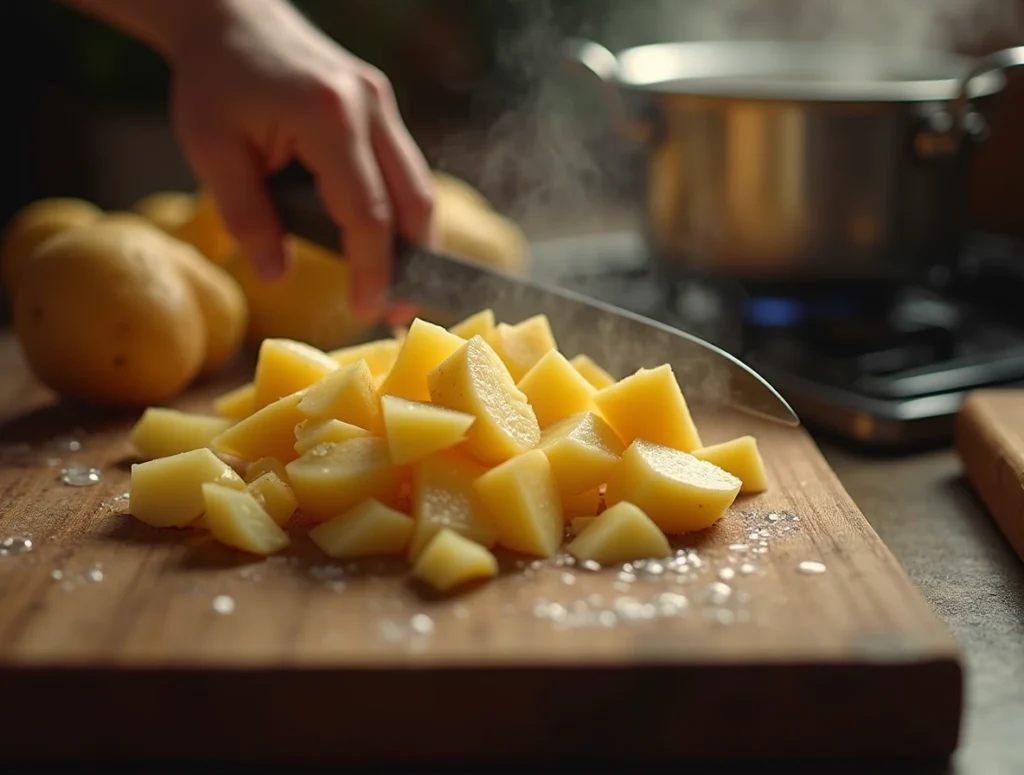 Pasta con patate e provola cremosa e filante servita in una ciotola rustica di terracotta, decorata con prezzemolo fresco e rametti di rosmarino su un tavolo di legno.