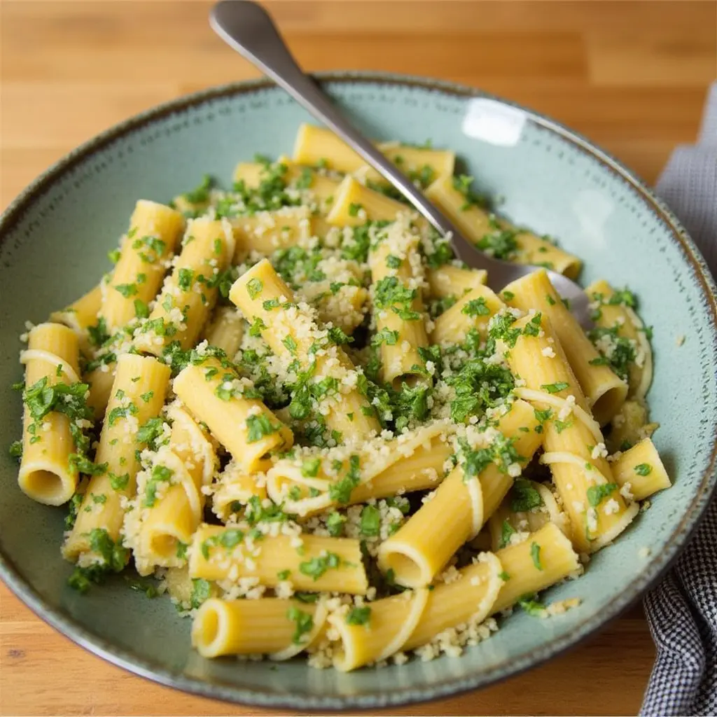 Un piatto di rigatoni conditi con pesto di basilico e tonno fresco, decorato con prezzemolo e parmigiano.