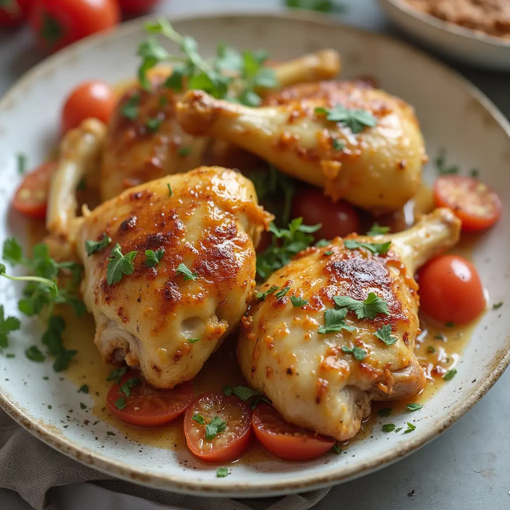 Pollo arrosto dorato su un piatto con pomodorini freschi e prezzemolo.