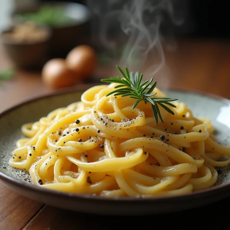 Piatto di pasta con patate e provola, servito caldo e guarnito con rosmarino fresco, sale e pepe.