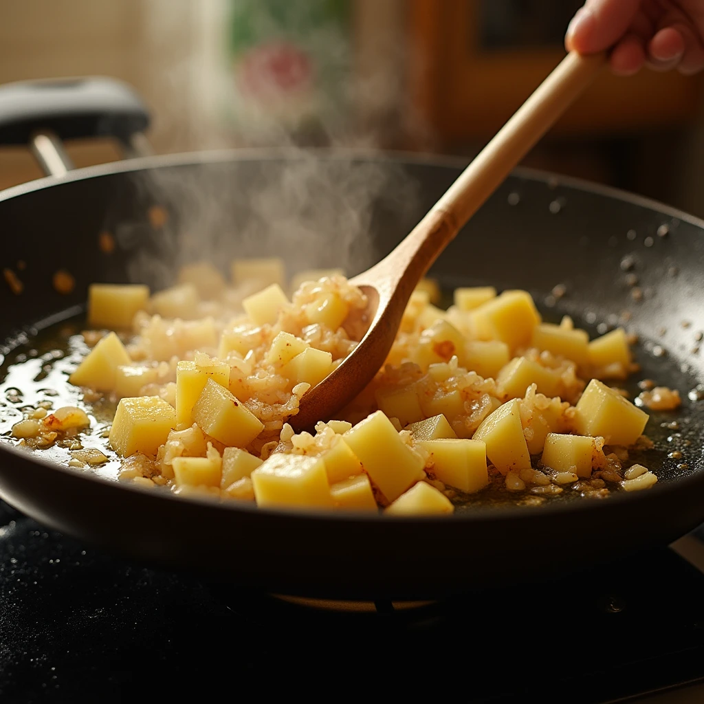 Soffritto di cipolla dorata e patate bollite che rosolano insieme in una padella capiente per la pasta con patate e provola.