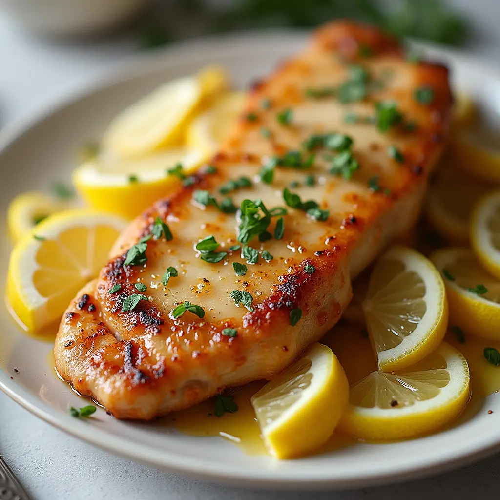 Un filetto di pollo dorato con salsa al limone, decorato con prezzemolo fresco e circondato da fette di limone, servito su un piatto bianco.